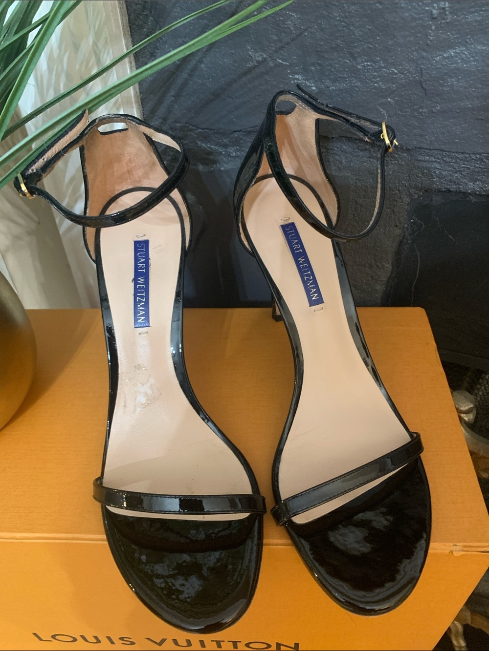 Stuart Weitzman Black Nudistsong Patent Ankle-Strap Heels